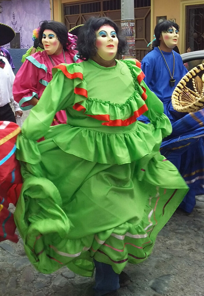 The ‘flour festival’ in Ajijic, Mexico, is a highlight of Carnival leading up to Lent. This picture shows the famous Sayacos, a man dressed in mask and vivid green dress.