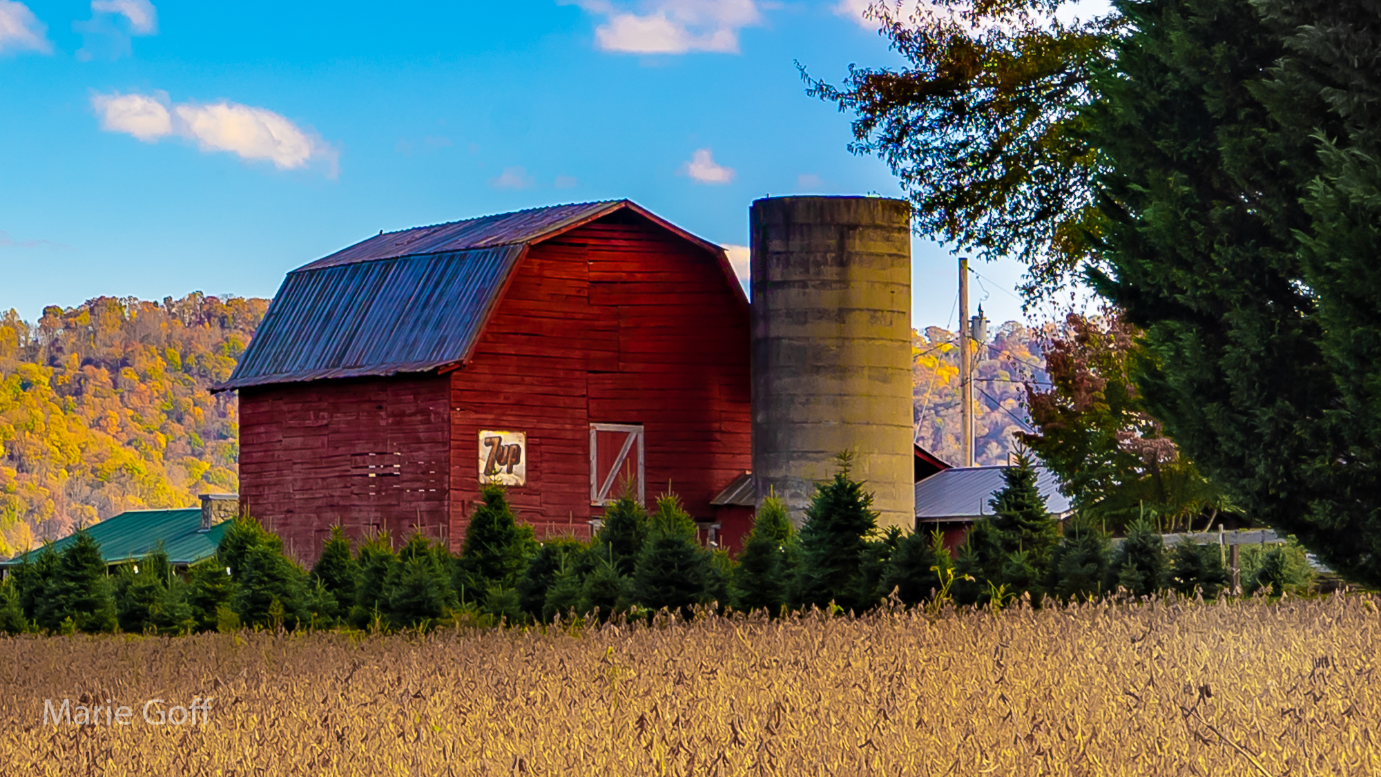 vintage red barn with 7Up sign