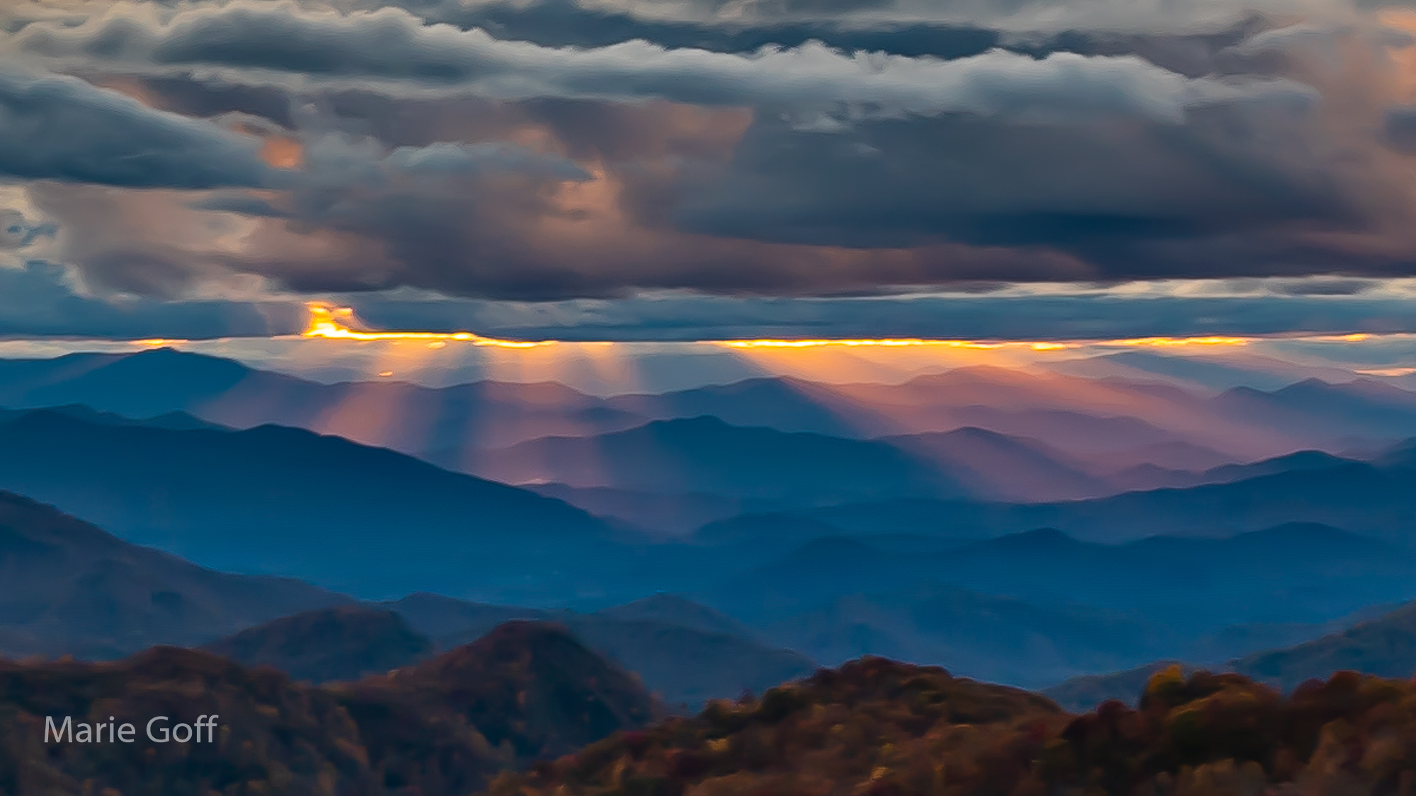 sunset in mountains with filtered light