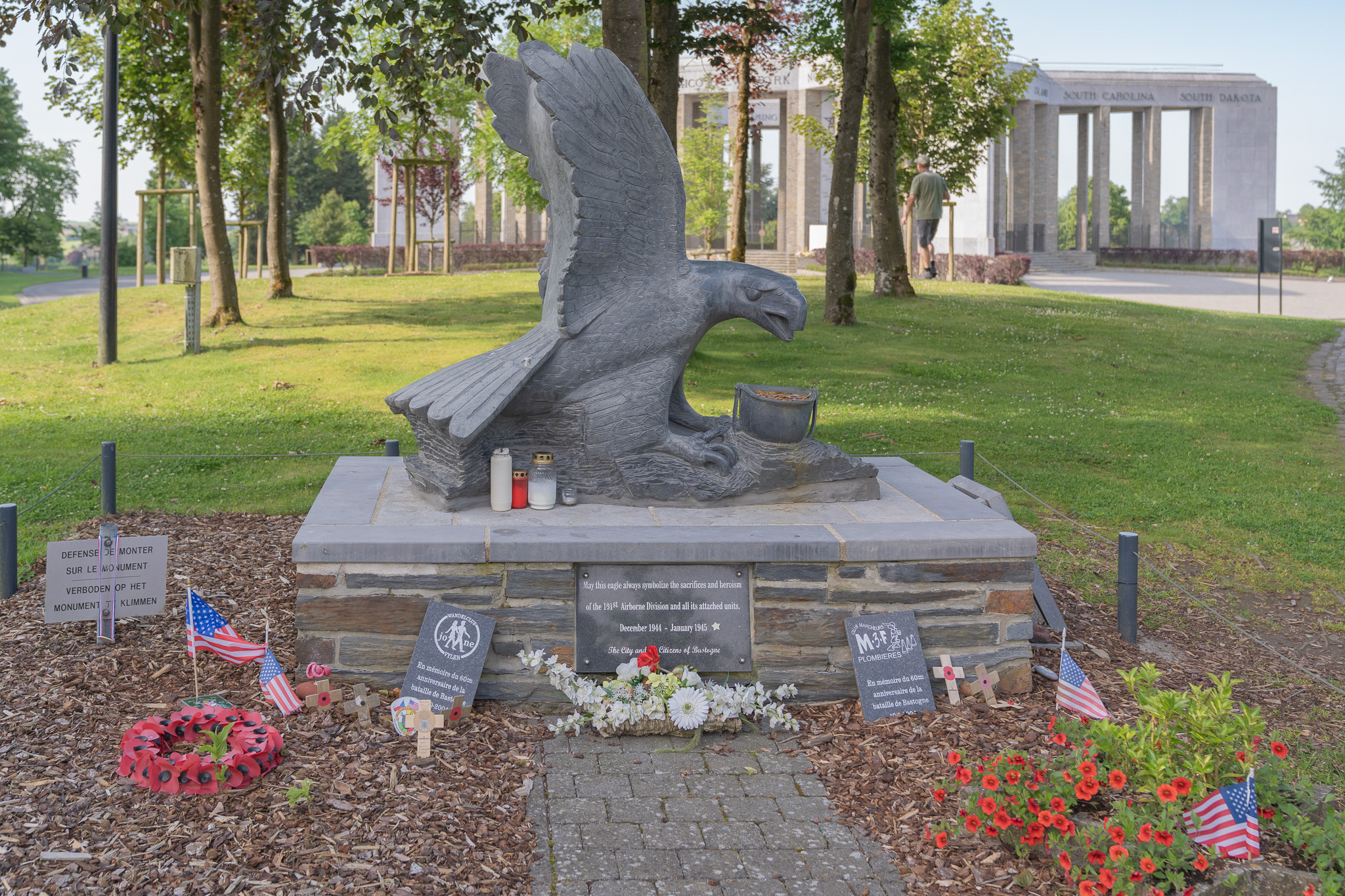 The Screaming Eagle statue in Bastogne, Belgium compliments the star-shaped Mardasson Memorial which honors American troops who fought in the Ardennes and commemorates the 76,890 American soldiers killed, missing, or wounded.