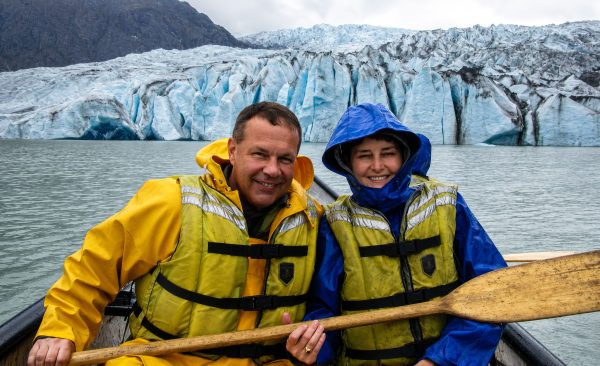 Eddie and marie Goff are rowing next to a glacier in Alaska