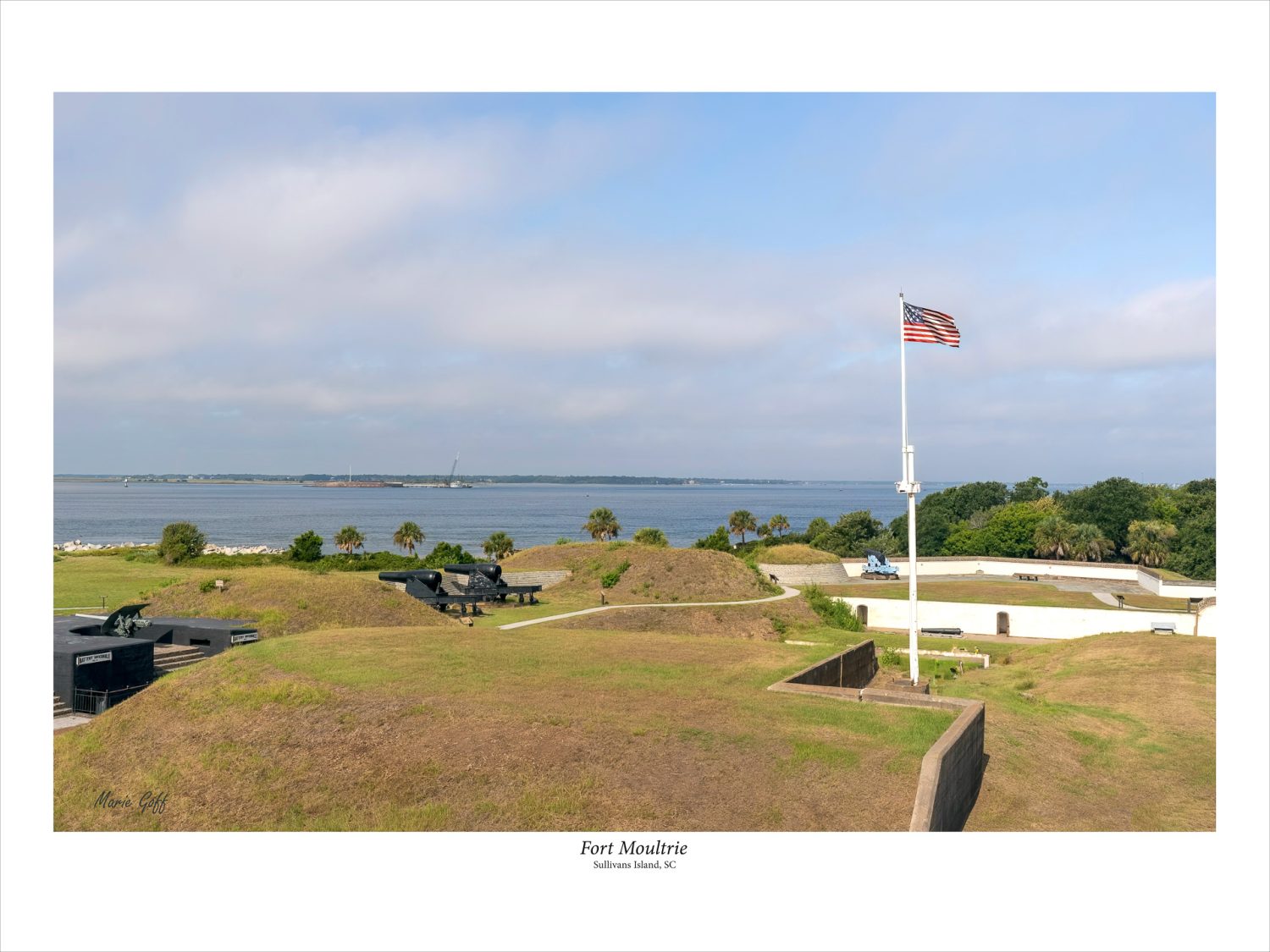 Fort Mountrie on Sullivan's Island SC. The flag is flying over the historic site that overlooks Charleston Harbor, paart of South Carolina’s Revolutionary War Sites.