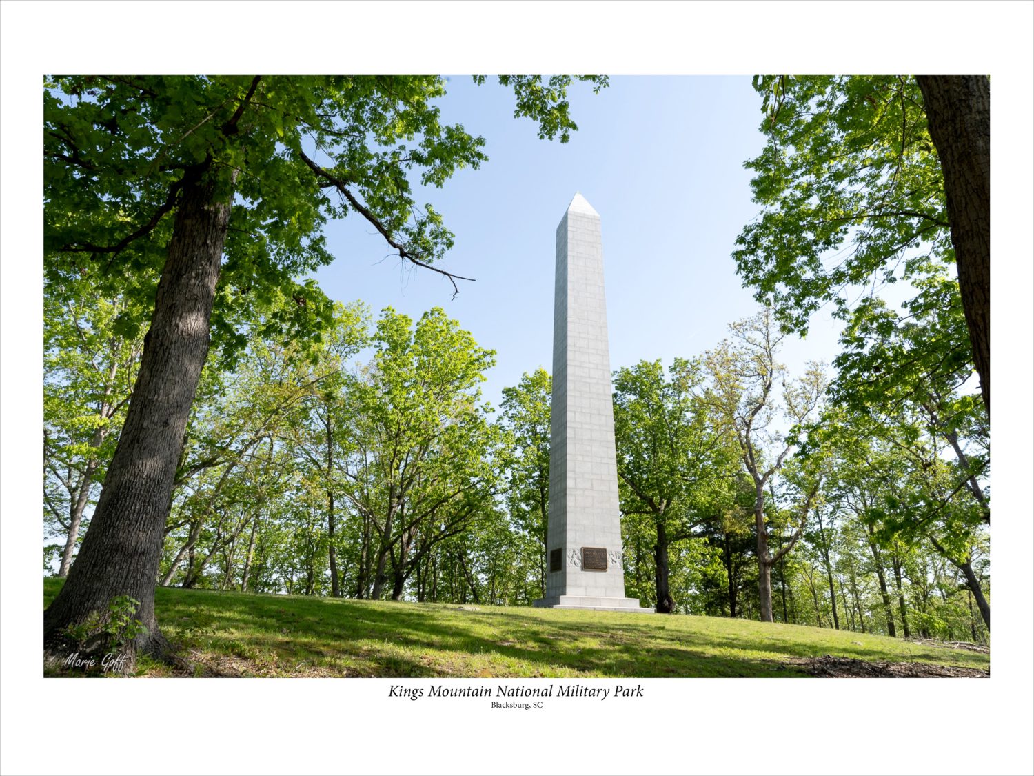 The Centennial Monument at Kings Mountain is a 28-foot granite-and-marble pylon located at the highest point of the battlefield.