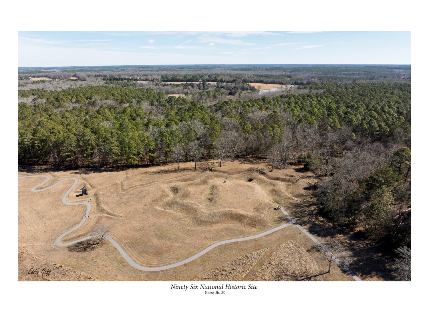 A drone shot of the eight-pointed star at Ninety Six National Historic Site, which is part of South Carolina’s Revolutionary War Sites.