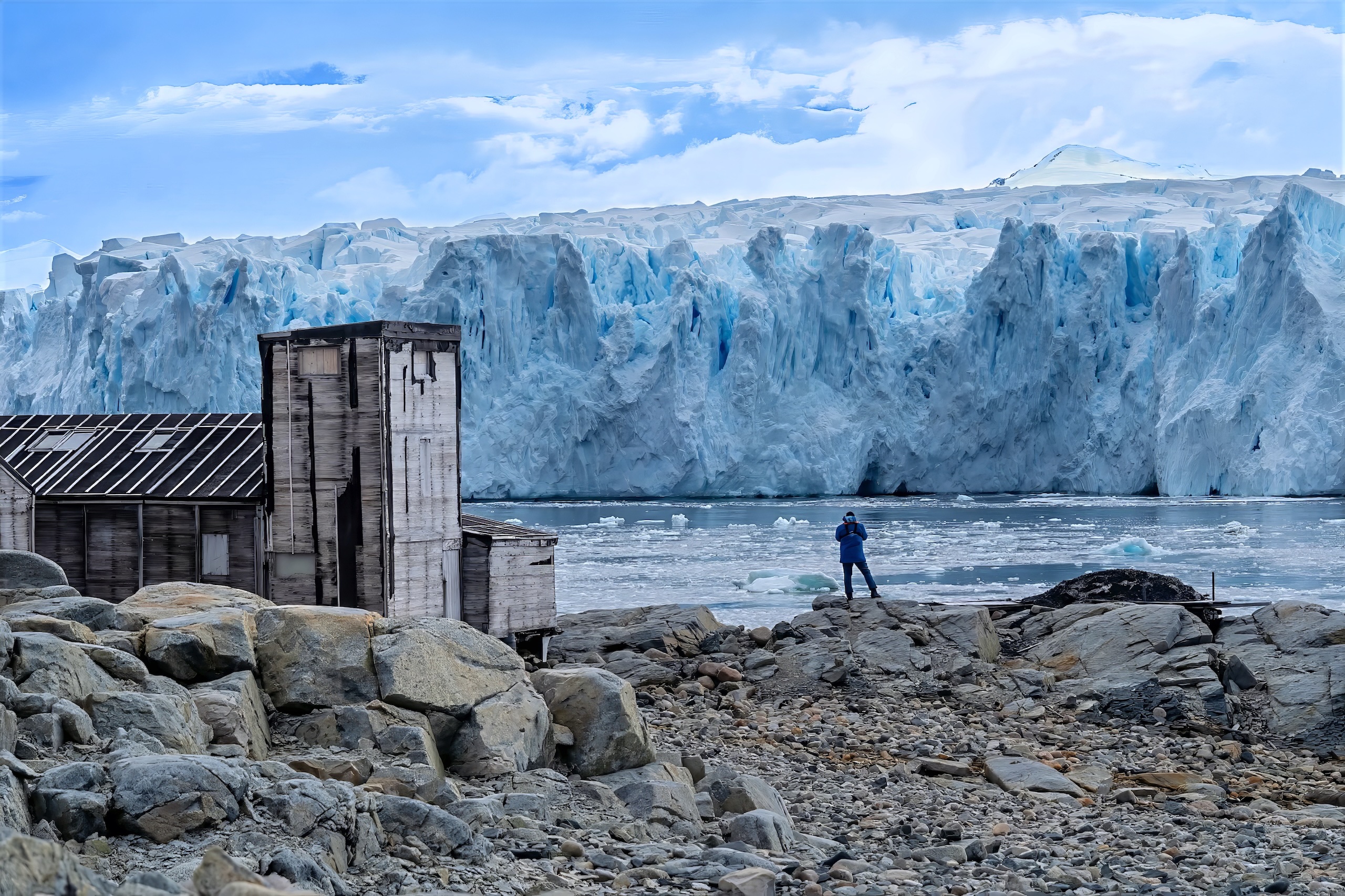 Historic research stations, American East Base, and the British Base E at Stonington Island in Antarctica. Both are now protected as official historic sites.