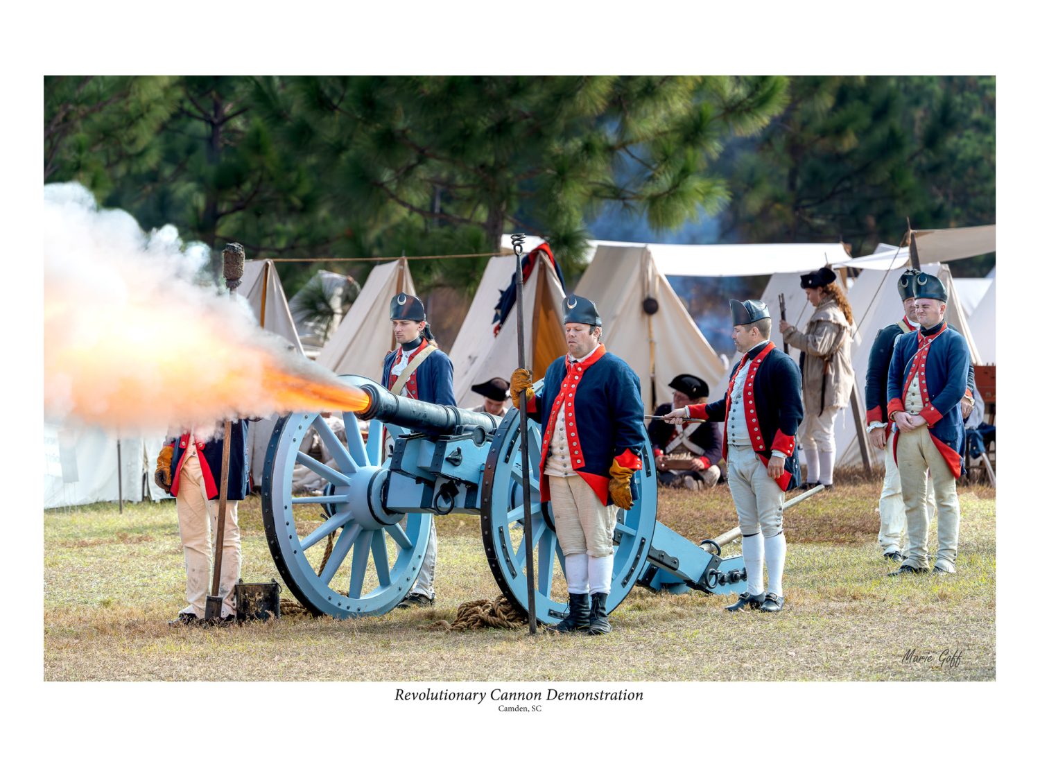 A five-person Revolutionary War reenactment team demonstrates cannon fire. The ‘muzzle blast’ is a violent, bright burst of hot propellant gas.