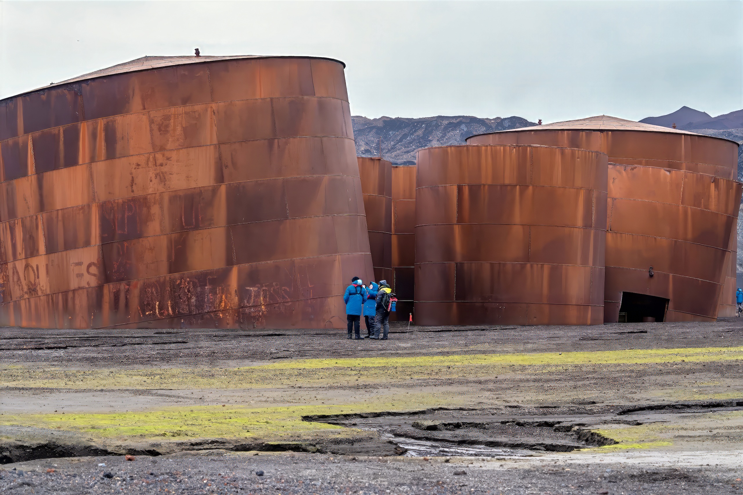 Rusted oil tanks on Deception Island in Antarctica, the remnants of an abandoned early 20th Century whaling station.