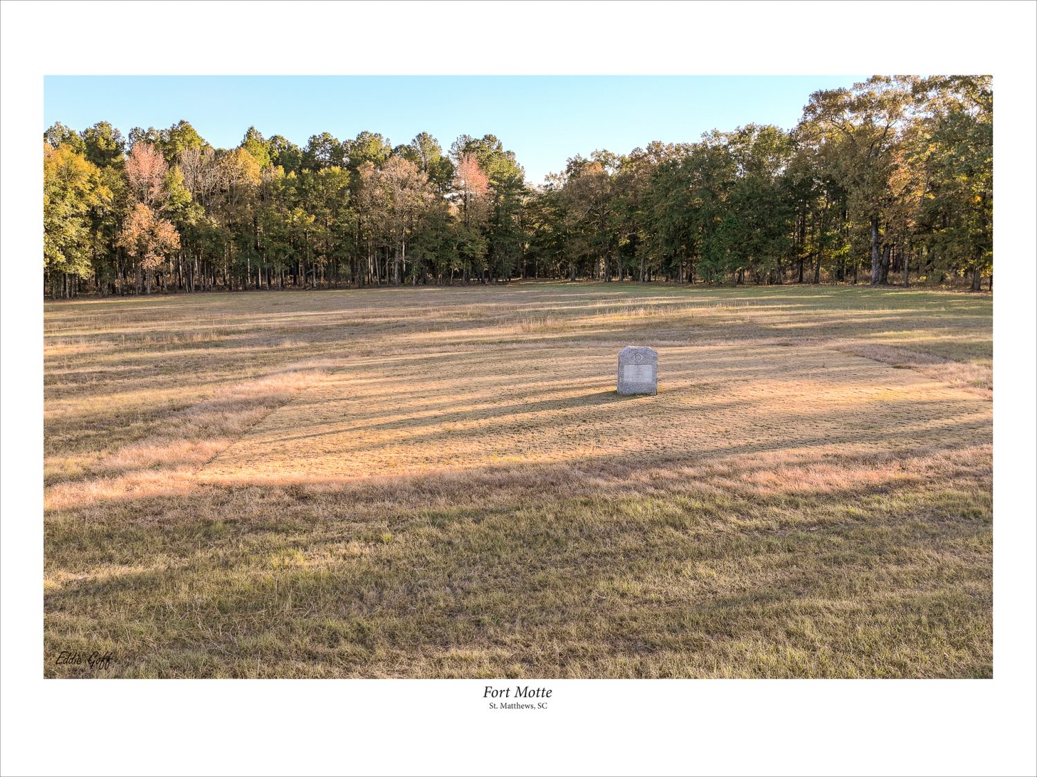 A drone shot of the land where Fort Motte stood, with the DAR monument visible. It's another of South Carolina's Revolutionary War Sites.