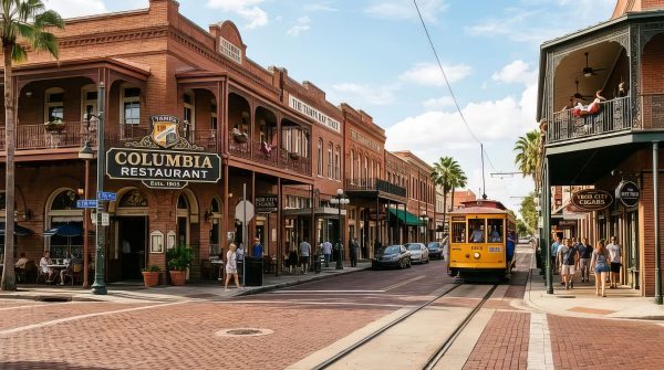 The Charm of Ybor city on the red brick street with the Columbia Restaurant sign and a yellow streetcar on the track