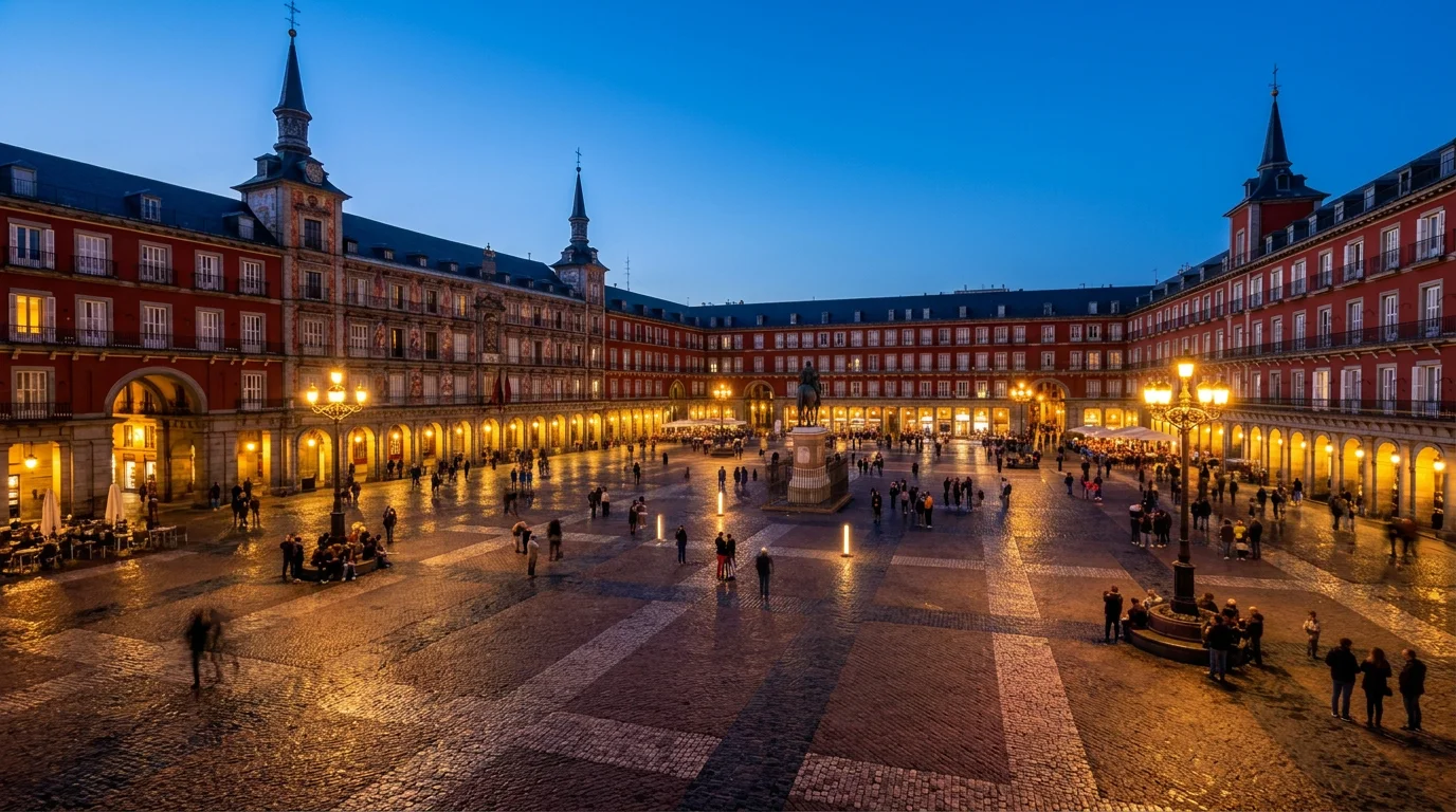 Evening in Madrid’s historic city at dusk, with people walking around.