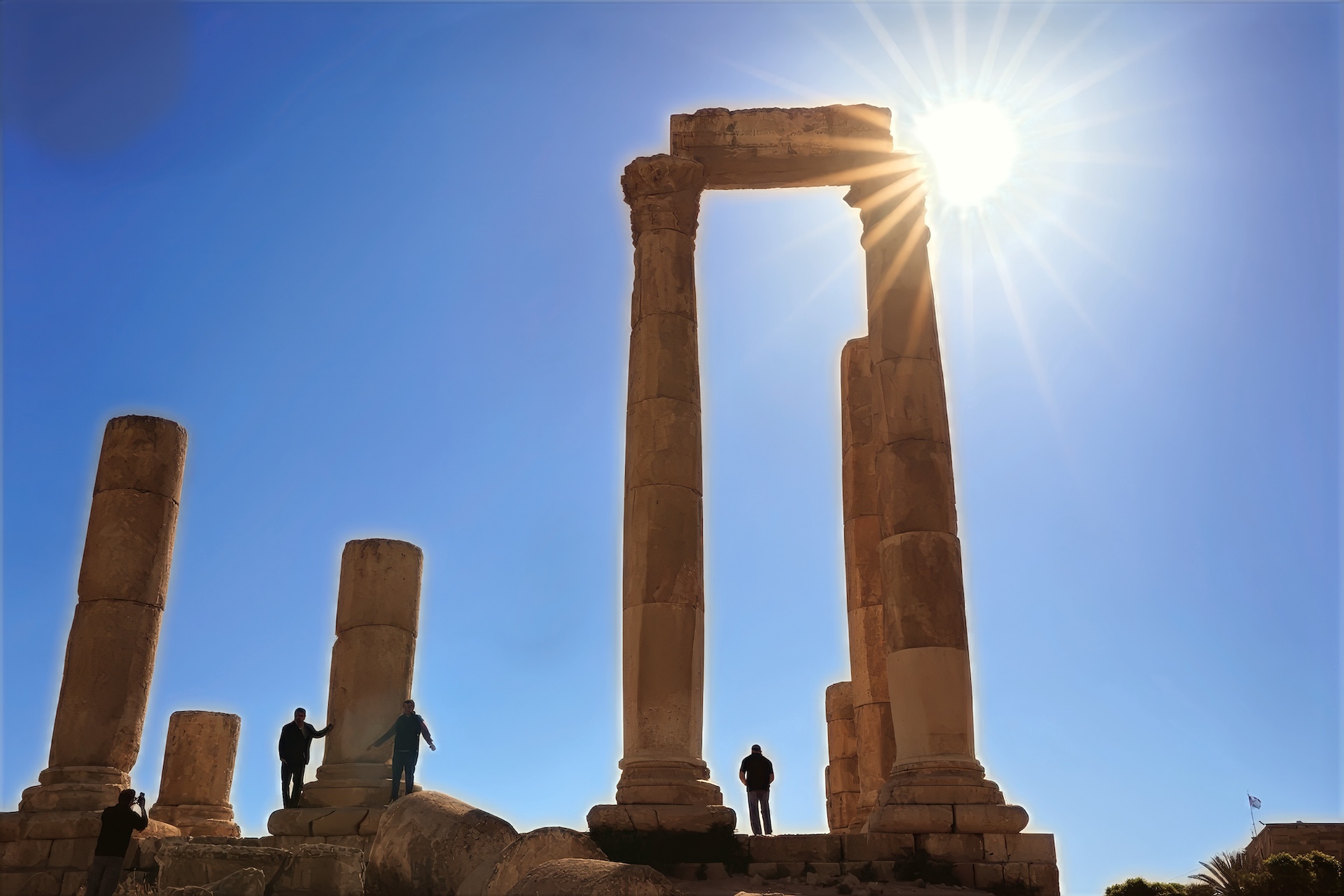 The Citadel at Amman, Jordan with a starburst at the top corner of the columns.
