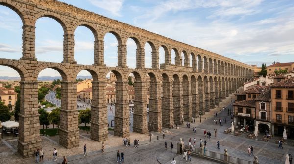 Roman aqueduct arches spanning over a plaza with people walking and sitting at outdoor cafes