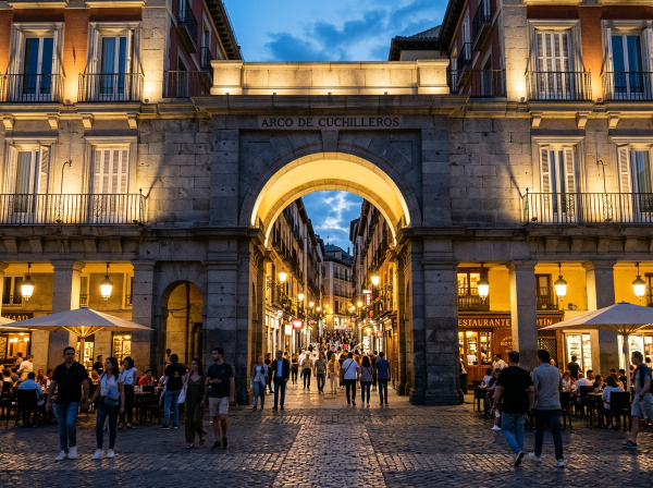 Arco de Cuchilleros illuminated at dusk with people walking and dining nearby