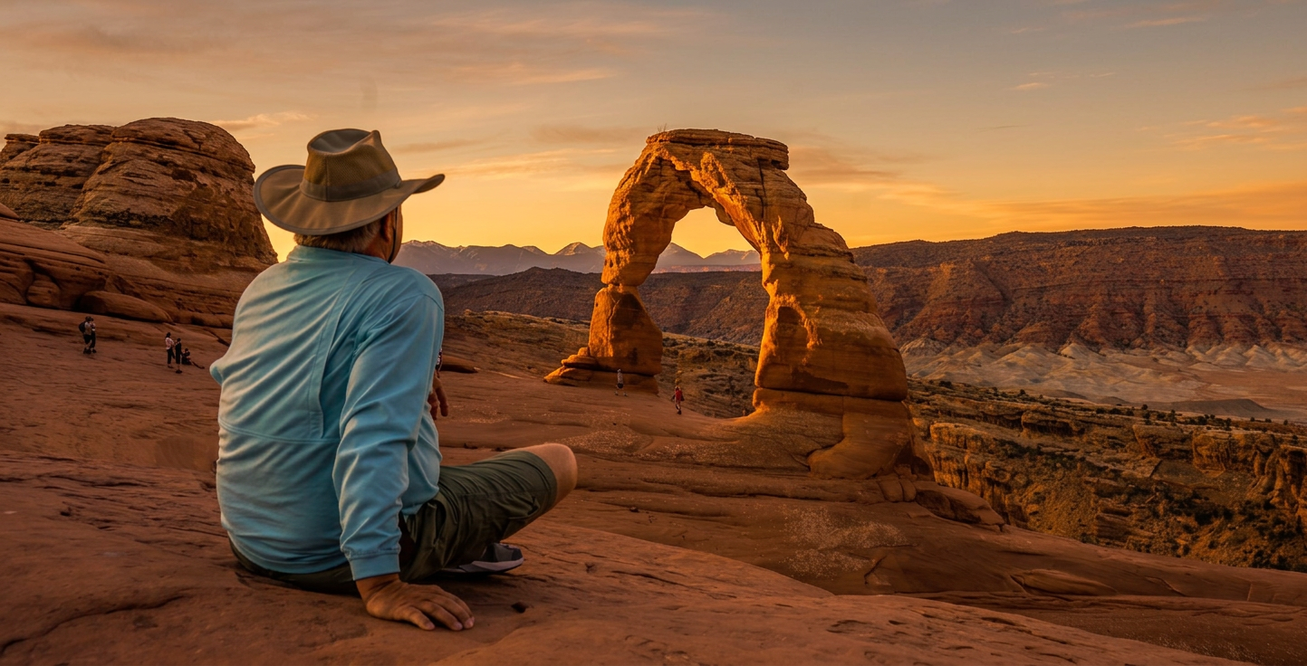 Arches National Park Eddie Goff sitting in the foreground looking at Delicate Arch in the distance.