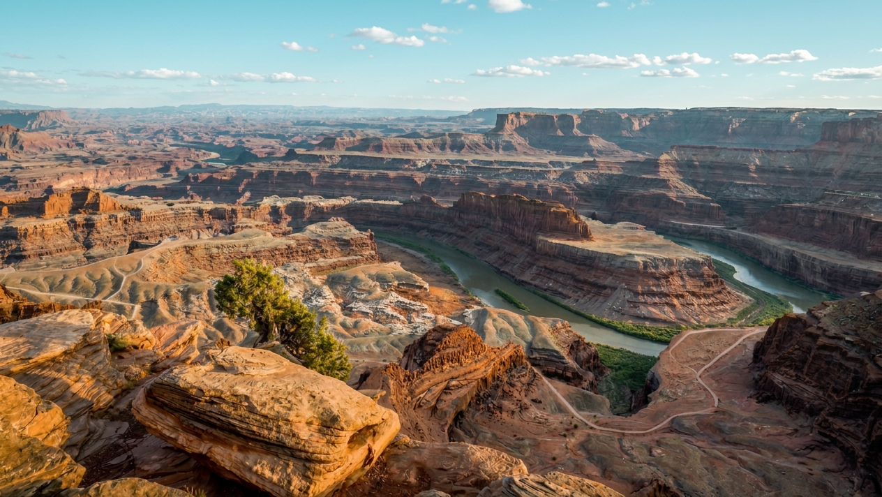 Dead Horse Point State Park Looking sown from a sheer cliff edge onto a dramatic gooseneck bend of the Colorado River sitting roughly 2,000 feet below.